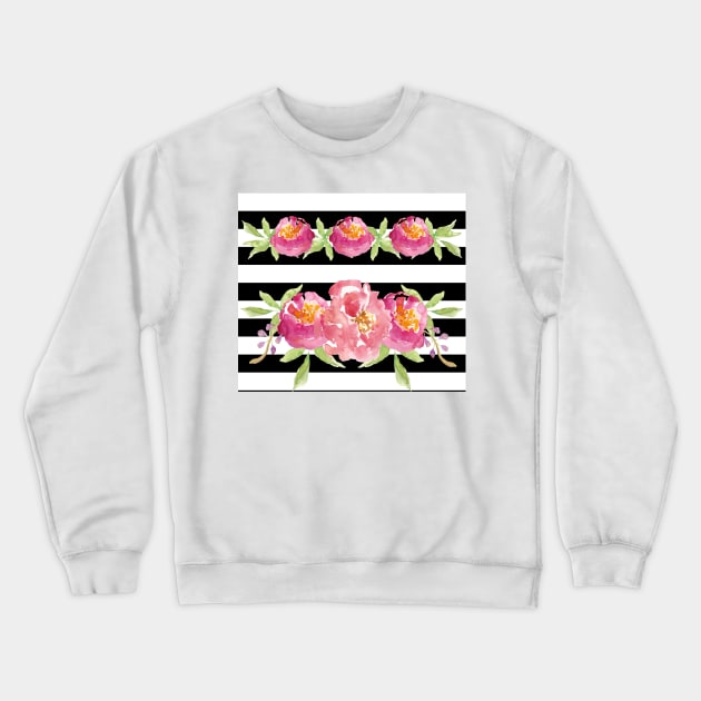 Black and White Stripes with Roses Crewneck Sweatshirt by AmyBrinkman